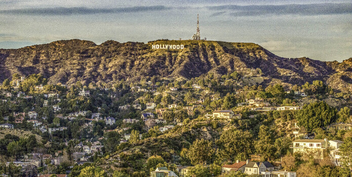Los Angeles United States 13 January 2024 Aerial view of the Hollywood Sign on the rugged slopes of Mount Lee overlooking residential neighborhoods in the Hollywood Hills.