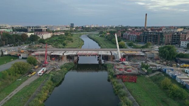 Aerial view of bridge construction over the Warta River Poland.