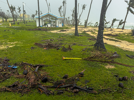 San Jose Northern Mariana Islands 06 July 2026 View of storm damage during Super Typhoon Bavi with debris fallen palm trees and damaged structures along the coastline at Jones Beach. San Jose Northern Mariana Islands 06 July 2026 View of storm damage during Super Typhoon Bavi with debris fallen palm trees and damaged structures along the coastline at Jones Beach.