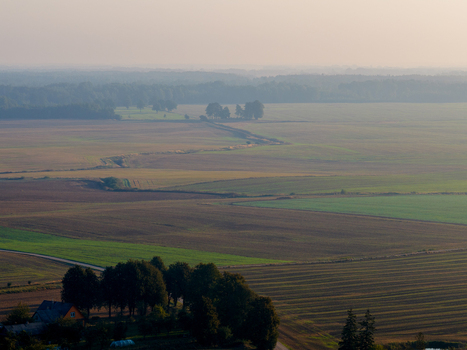 Aerial view of vast agricultural fields and rolling hills under a misty horizon near Taujenai Vilnius County Lithuania.