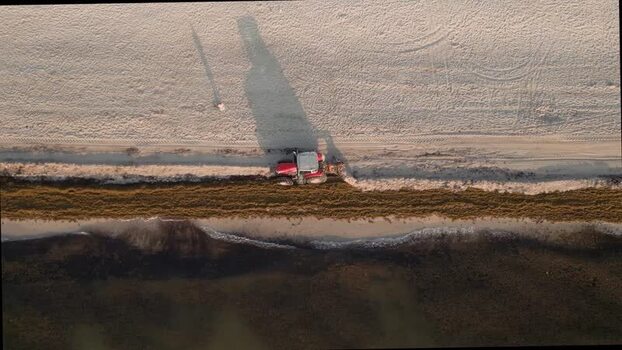 Aerial view of a tractor cleaning seaweed in United States.