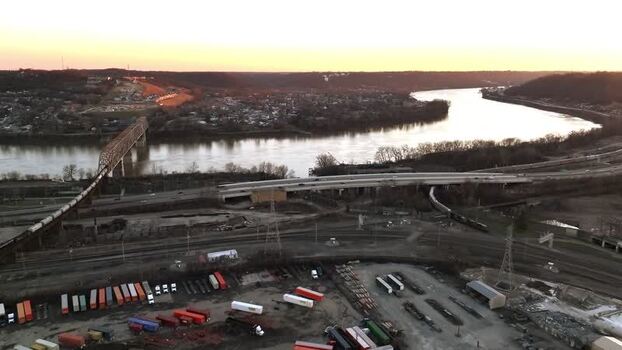 Aerial view of bridge over river United States.