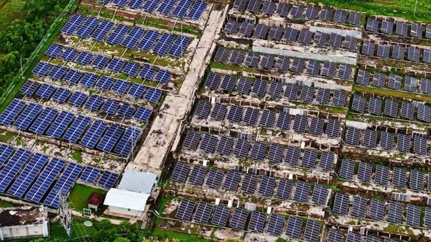 Aerial view of solar farm in Bali Indonesia.