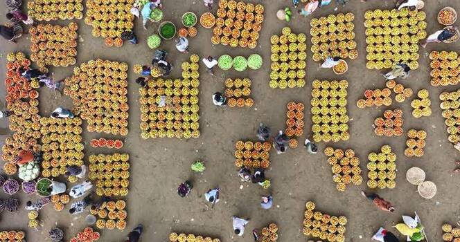 Aerial view of a vibrant vegetable market in Sylhet Bangladesh.