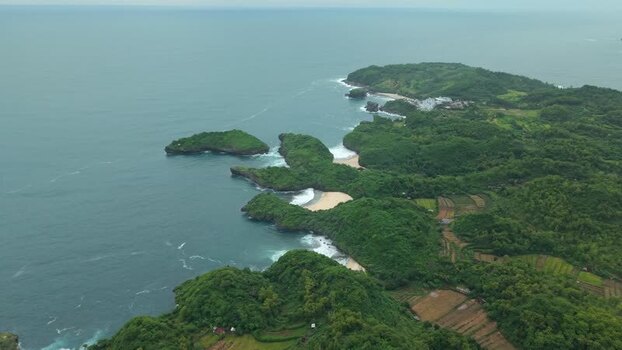 Aerial view of Sedahan Beach and the coastline Indonesia.