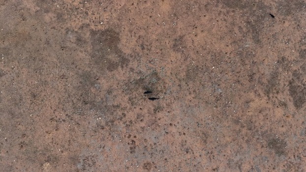 Aerial view of arid rocky terrain with sparse vegetation and scattered shadows in the landscape in Golden Colorado United States.