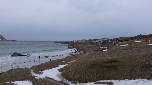 Aerial view of Lofoten coastline in Norway.