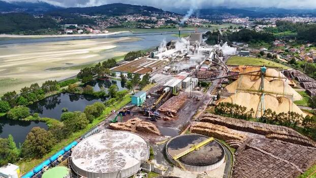 Aerial view of the Ence pulp mill and industrial area Spain. Aerial view of the Ence pulp mill and industrial area Spain.