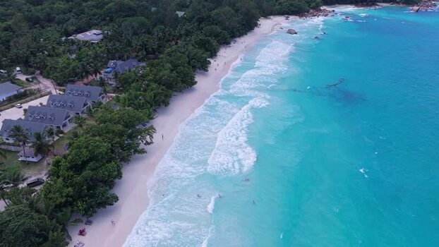 Aerial view of Anse Lazio beach in Baie Sainte Anne Seychelles.