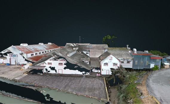 Aerial view of the historic cannery complex featuring industrial rooftops and wooden structures in a 3D model representation in Richmond British Columbia Canada. Aerial view of the historic cannery complex featuring industrial rooftops and wooden structures in a 3D model representation in Richmond British Columbia Canada.