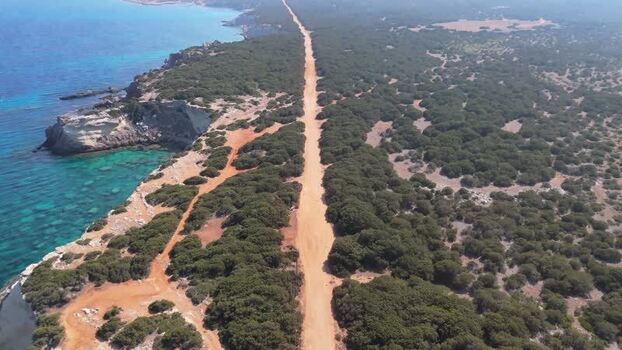 Aerial view of a dirt road along the coast Northern Cyprus.