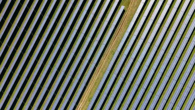 Aerial view of solar panels in rows United Kingdom.