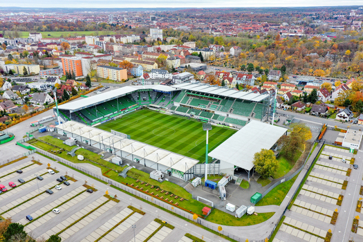 Furth Germany 02 May 2026 Aerial view of Sportpark Ronhof Thomas Sommer stadium with its green stands and pitch surrounded by parking lots and the urban landscape of Furth.