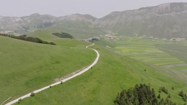 Aerial view of winding road in Castelluccio Italy.