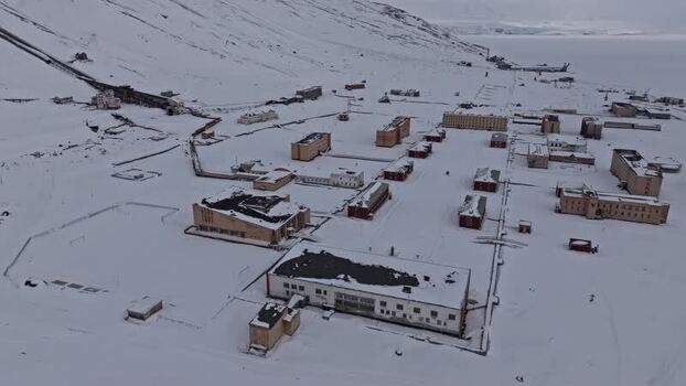 Aerial view of Pyramiden abandoned town Svalbard and Jan Mayen.