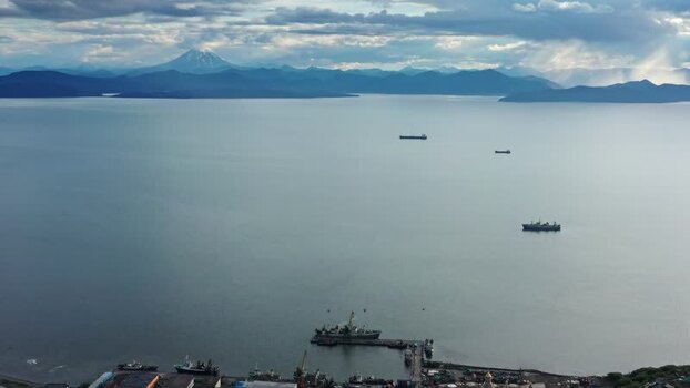 Aerial view of Avacha Bay and harbor in Petropavlovsk Kamchatskiy Russia.