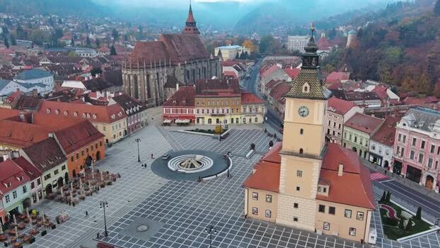 Aerial view of Council Square and Black Church in Brasov Romania. Aerial view of Council Square and Black Church in Brasov Romania.
