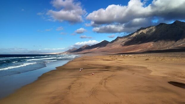 Aerial view of Playa del Confital beach and mountains Spain.