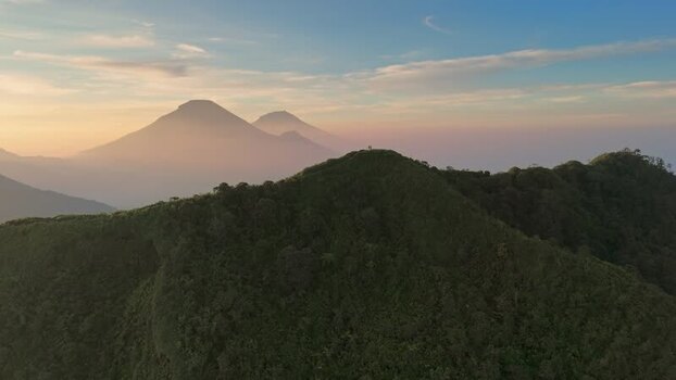 Aerial view of Dieng mountains and volcanic peaks Indonesia.