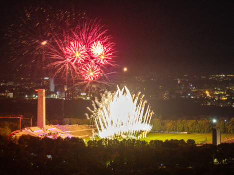 Berlin Germany 26 September 2026 Aerial view of Olympiastadion Berlin during the Pyronale fireworks display at night with bright colorful explosions over the stadium.