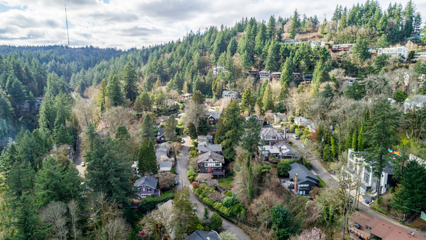 Aerial view of Northwest Imperial Terrace residential area with houses nestled among lush evergreen trees on a hillside under a cloudy sky Portland Oregon United States. Aerial view of Northwest Imperial Terrace residential area with houses nestled among lush evergreen trees on a hillside under a cloudy sky Portland Oregon United States.