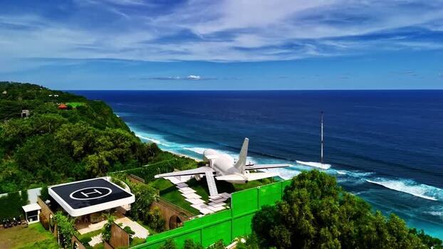 Aerial view of airplane villa on a cliffside in Indonesia.