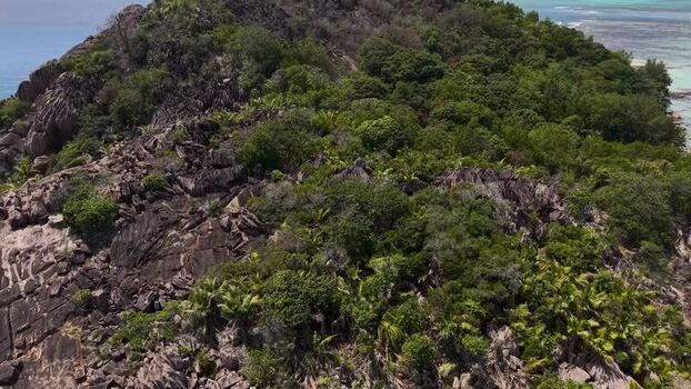Aerial view of Round Island with lush vegetation Seychelles.