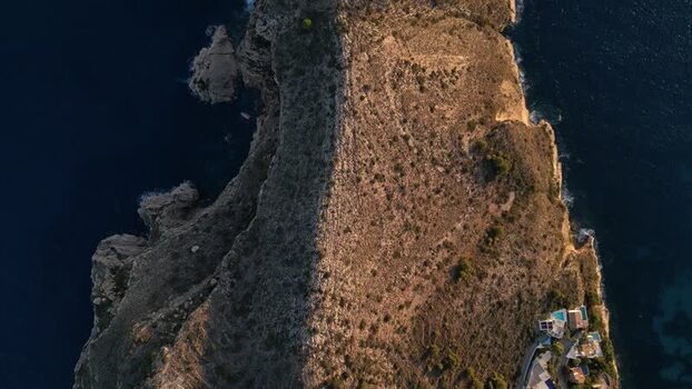 Aerial view of rocky coastline in Moraira Spain.