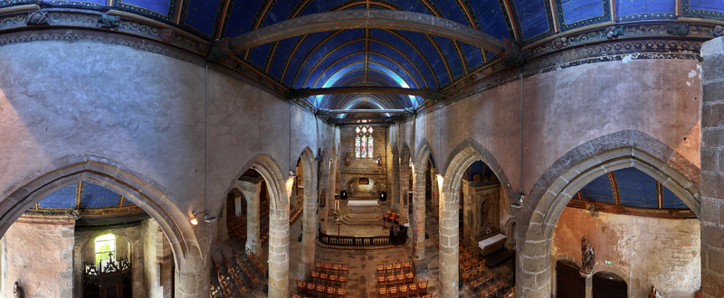 Aerial view of the interior of Eglise Saint Melaine de Morlaix featuring the blue vaulted ceiling and historic stone arches Morlaix Bretagne France. Aerial view of the interior of Eglise Saint Melaine de Morlaix featuring the blue vaulted ceiling and historic stone arches Morlaix Bretagne France.