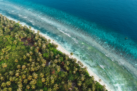 Aerial view of a lush tropical island with dense palm forests white sandy beaches and a vibrant coral reef in Vaikaradhoo Haa Dhaalu Atoll Maldives. Aerial view of a lush tropical island with dense palm forests white sandy beaches and a vibrant coral reef in Vaikaradhoo Haa Dhaalu Atoll Maldives.