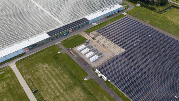 Aerial view of Battery Storage System at Greenhouses and Solar Park Aerial view of Battery Storage System at Greenhouses and Solar Park
