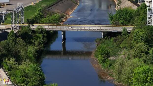 Aerial view of a bridge over a river in Cincinnati United States. Aerial view of a bridge over a river in Cincinnati United States.