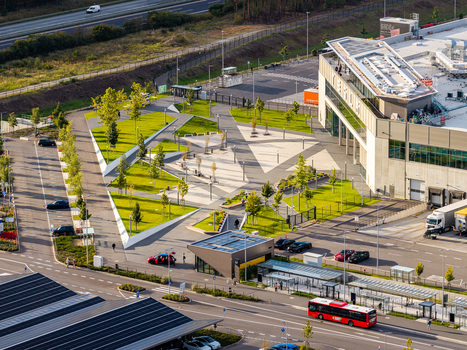 Grunheide Mark Brandenburg Germany 07 September 2026 Aerial view of Tesla Gigafactory Berlin Brandenburg featuring a modern landscaped plaza with geometric paving and green lawns. Grunheide Mark Brandenburg Germany 07 September 2026 Aerial view of Tesla Gigafactory Berlin Brandenburg featuring a modern landscaped plaza with geometric paving and green lawns.