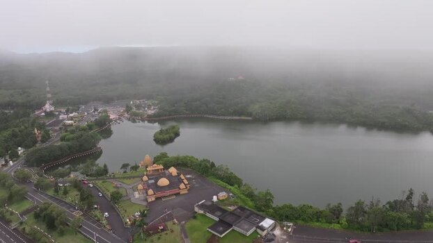Aerial view of Grand Bassin temple complex in Mauritius.
