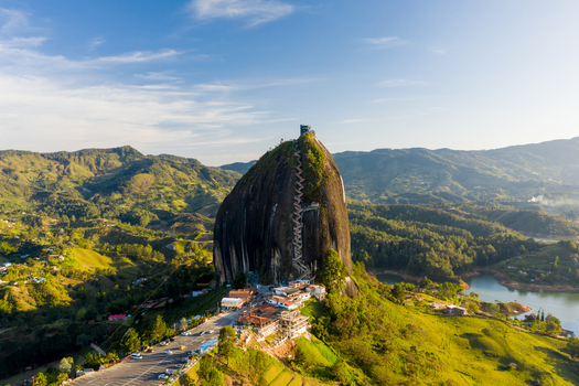 Aerial view of Piedra del Penol with mountains in the background Guatap&eacute; Antioquia Colombia