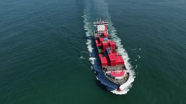 Aerial view of a container ship in the ocean Portugal.