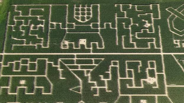 Aerial view of Labyrinthe de mais corn maze in France.