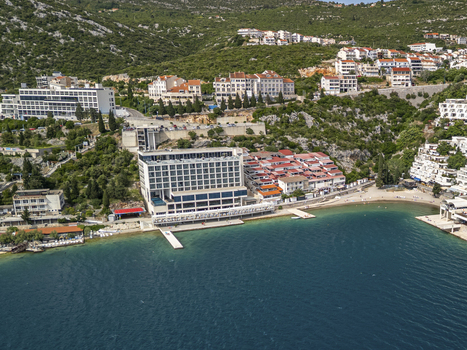 Aerial view of Hotel Vapore Neum on the Adriatic coast with turquoise water and Mediterranean architecture in Neum Federation of Bosnia and Herzegovina Bosnia and Herzegovina.