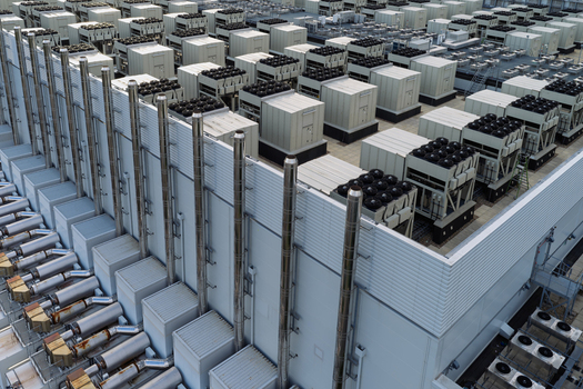 Aerial view of a large data center rooftop featuring rows of industrial cooling units HVAC systems and ventilation pipes in the United Kingdom.