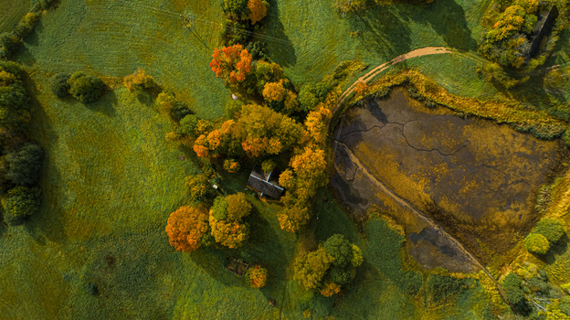 Aerial view of a small house nestled among vibrant autumn trees beside a pond in the rural landscape of Latvia. Aerial view of a small house nestled among vibrant autumn trees beside a pond in the rural landscape of Latvia.