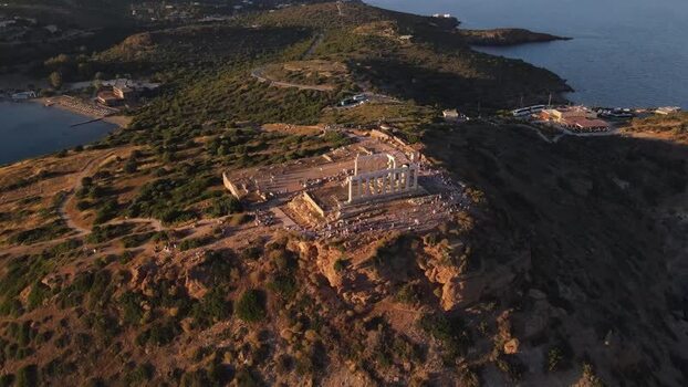 Aerial view of the Temple of Poseidon at Sounion Greece.