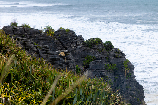 View of layered rock formations meet the turbulent sea with vibrant green foliage adding a stark contrast Pancake Rocks and Blowholes Walk West Coast Region New Zealand. View of layered rock formations meet the turbulent sea with vibrant green foliage adding a stark contrast Pancake Rocks and Blowholes Walk West Coast Region New Zealand.
