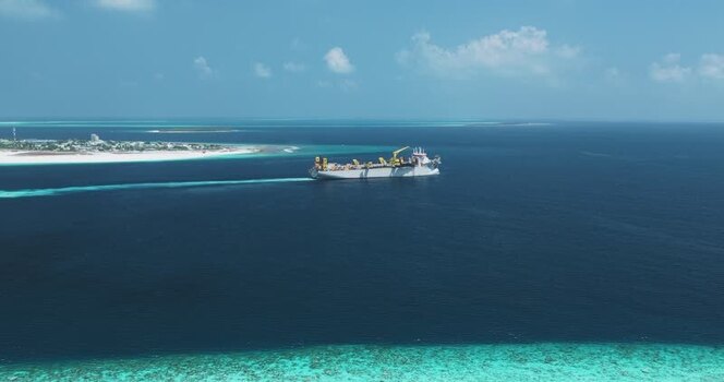 Aerial view of a large industrial ship near the coast Maldives. Aerial view of a large industrial ship near the coast Maldives.