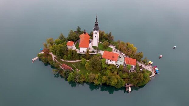 Aerial view of Lake Bled island and church Slovenia.