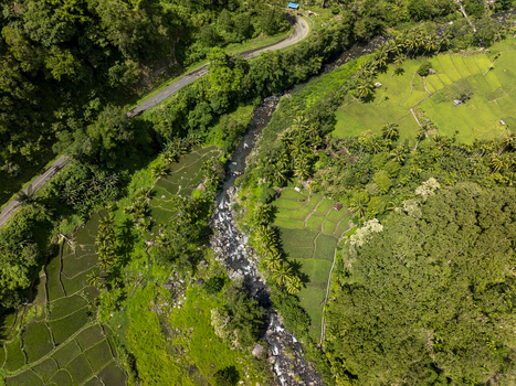 Aerial view of Flores with a winding river flowing through lush green rice terraces and tropical vegetation alongside a mountain road in East Nusa Tenggara Indonesia. Aerial view of Flores with a winding river flowing through lush green rice terraces and tropical vegetation alongside a mountain road in East Nusa Tenggara Indonesia.