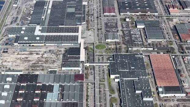Aerial view of industrial complex with roads France.