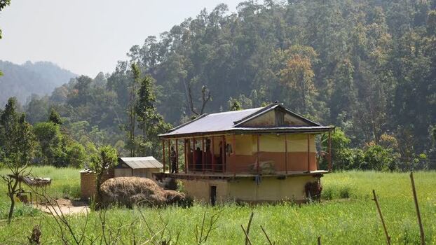 View of a traditional rural house and green fields in Nepal. View of a traditional rural house and green fields in Nepal.