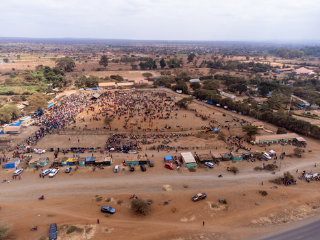 Aerial view of Kimana Animal Market with livestock traders and vehicles in a dusty open air enclosure surrounded by acacia trees and dry landscape in Kimana Kajiado County Kenya.