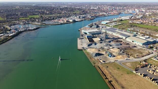 Aerial view of marina and river United Kingdom.