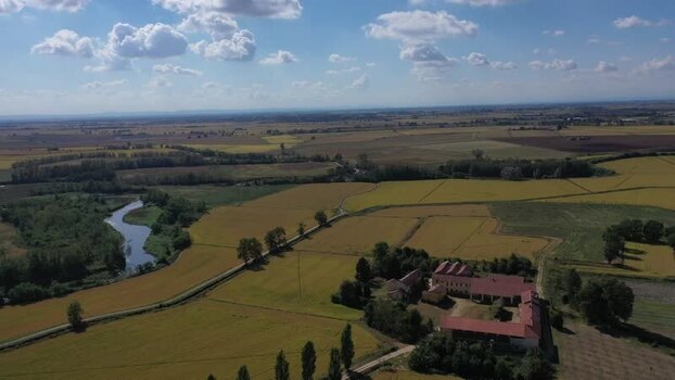 Aerial view of Agogna rice fields and rural landscape Italy.